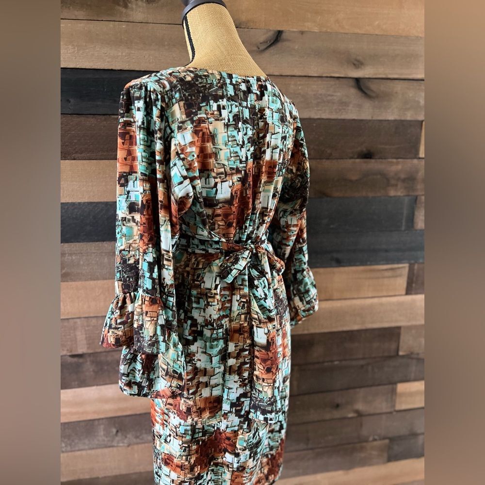 Betsey Johnson Set Shirt & Skirt Medium Brown Green Geometric Bell Sleeve Top - Picture 13 of 13
